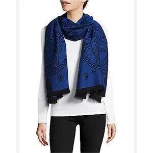 NWT Versace Medusa Reversible Wool Black Blue Knit Scarf Shawl Size 70"x27" $590